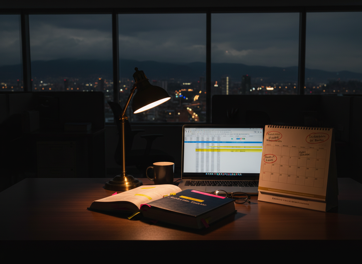 A night-time office scene viewed in photographic realism, where a single desk lamp casts warm, focused light over a meticulous tax planning layout: open Colombian tax code book, highlighted sections, a calendar with marked filing dates, and a laptop displaying a detailed tax scenario simulation. The rest of the office remains in soft shadow, with the faint glow of the city visible through a large window, hinting at Bogotá’s lights. Shot from a low, side angle with shallow depth of field, the mood is concentrated and dependable, underscoring dedication to accurate, timely tax compliance consulting.
